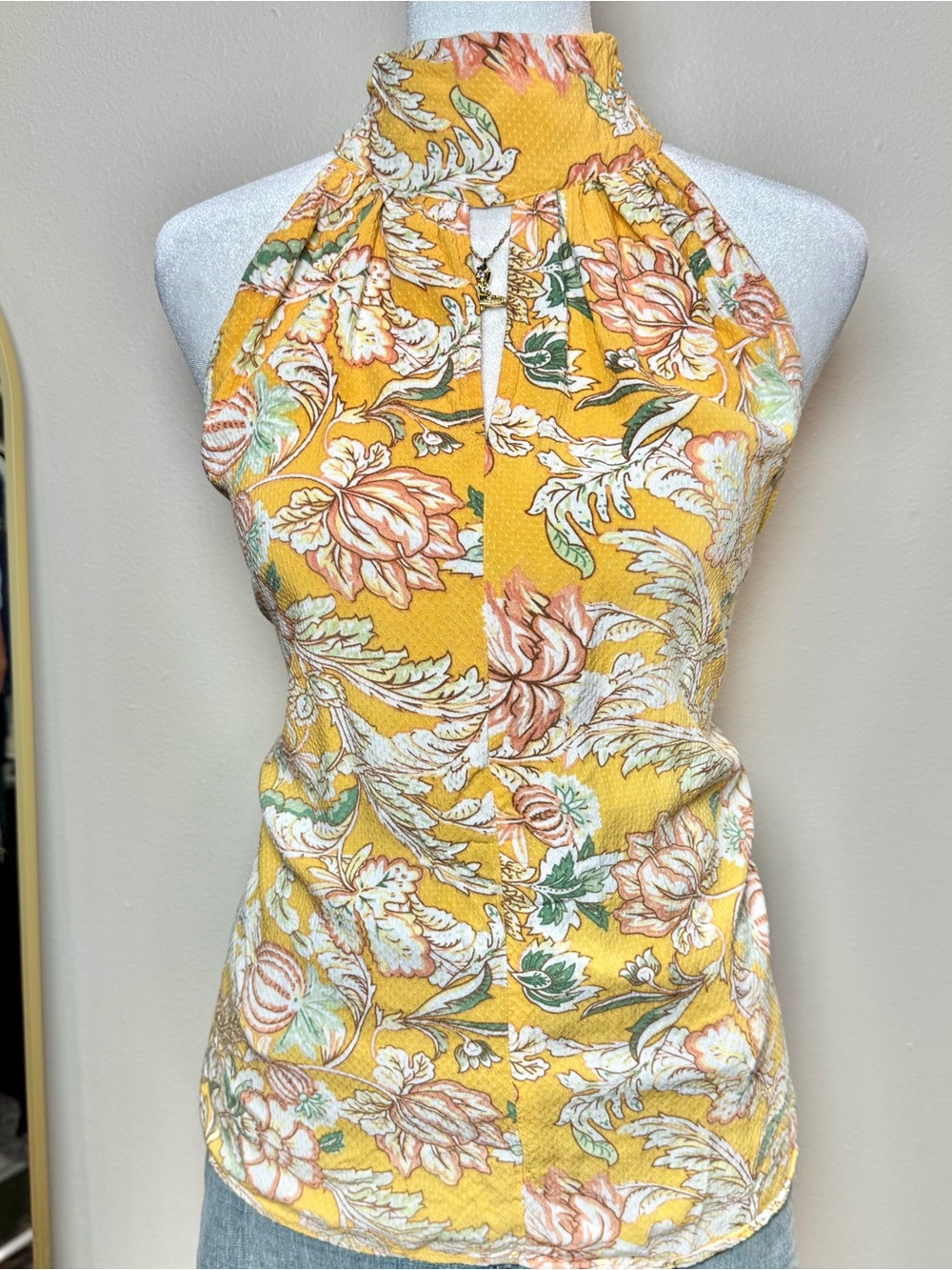 Floral Halter Neck Yellow Keyhole Summer Maximalist Women’s Medium Tank Top